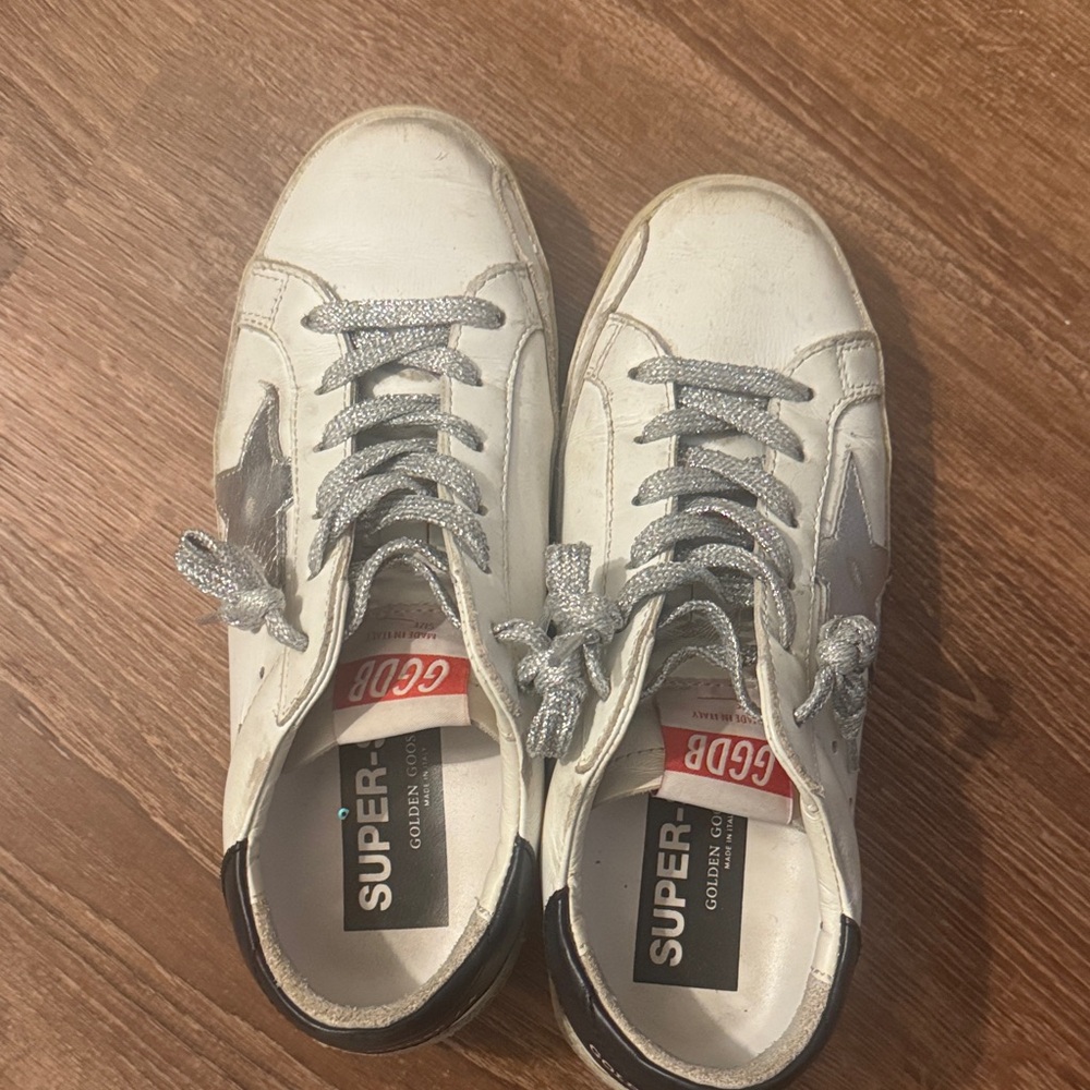Golden Goose White and Silver Sneakers